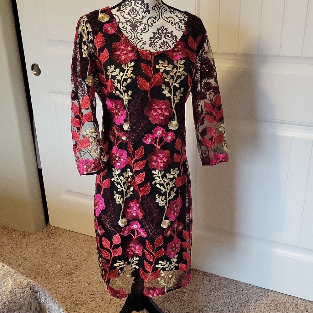 Floral Embroidered Dress - Black and Pink